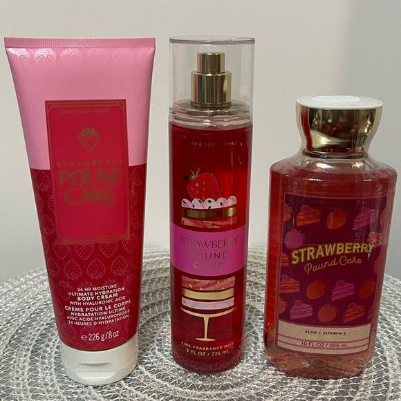BBW Strawberry Pound Cake Body Cream, Fragrance Mist and Shower Gel set of 3 NWT - Picture 1 of 2